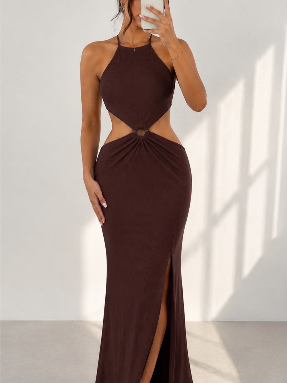 Sleeveless Cutout Halter Maxi Dress - Brown